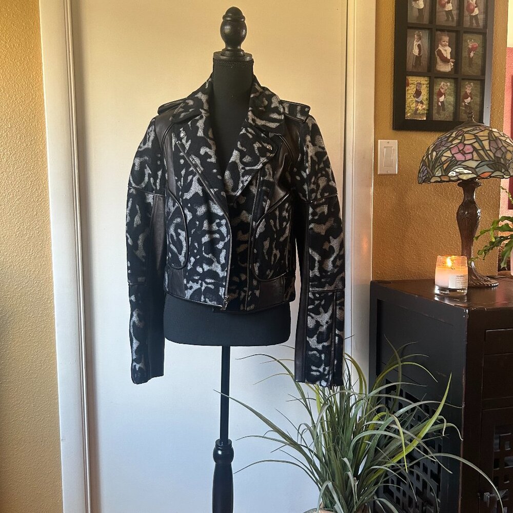 Diane von Furstenberg Leopard Jacquard Moto Jacket | Size 10